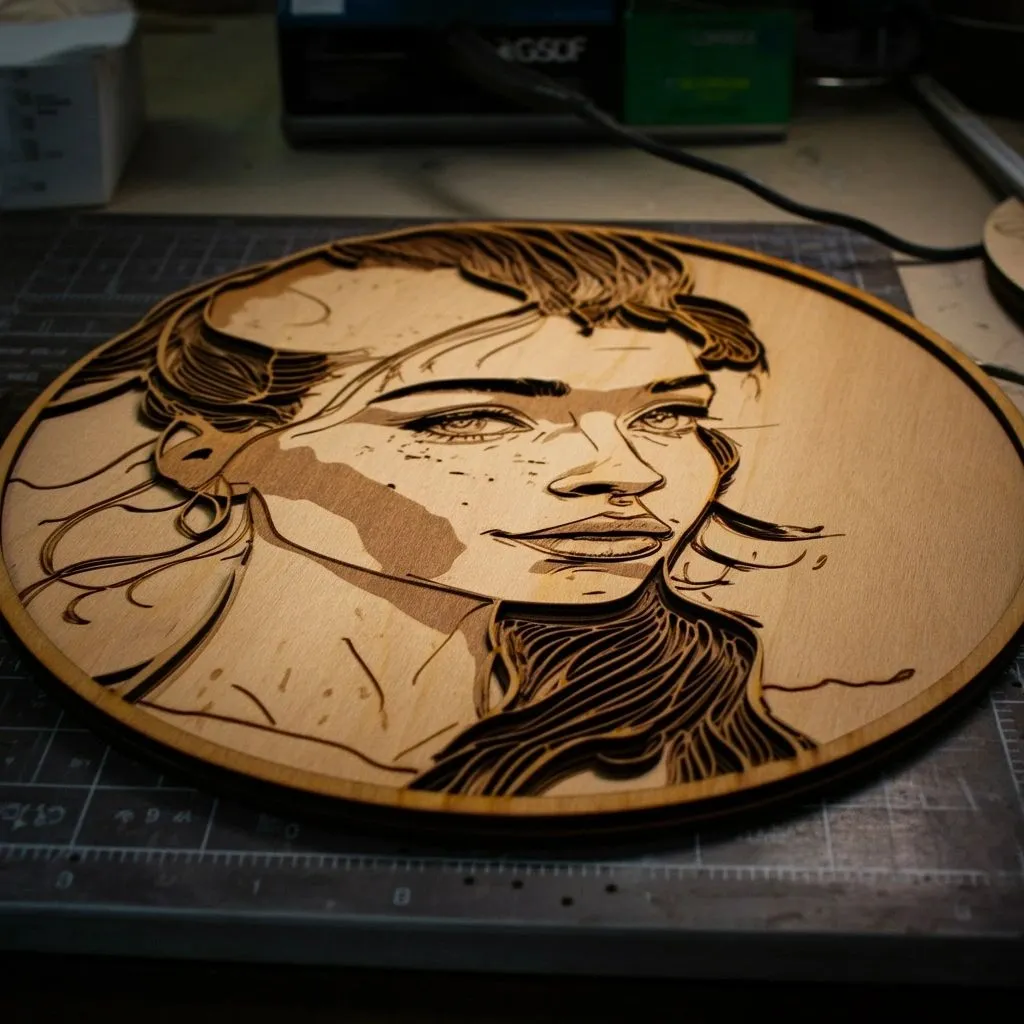Round wood plaque laser-engraved with a woman's portrait