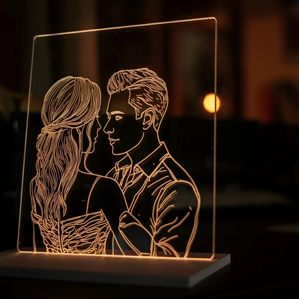 Lit acrylic sign engraved with a couple's portrait