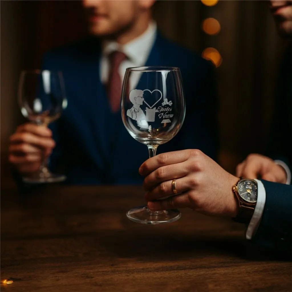 Wine glass etched with a portrait, heart and name