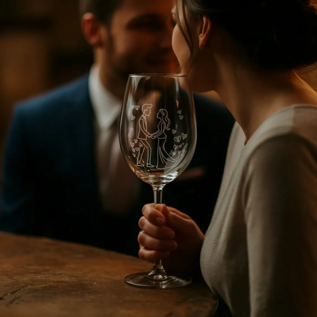 Wine glass etched with a dancing couple and hearts