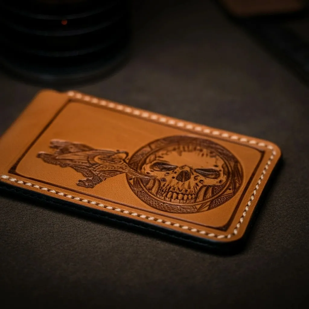 Leather wallet engraved with a skull and dragon
