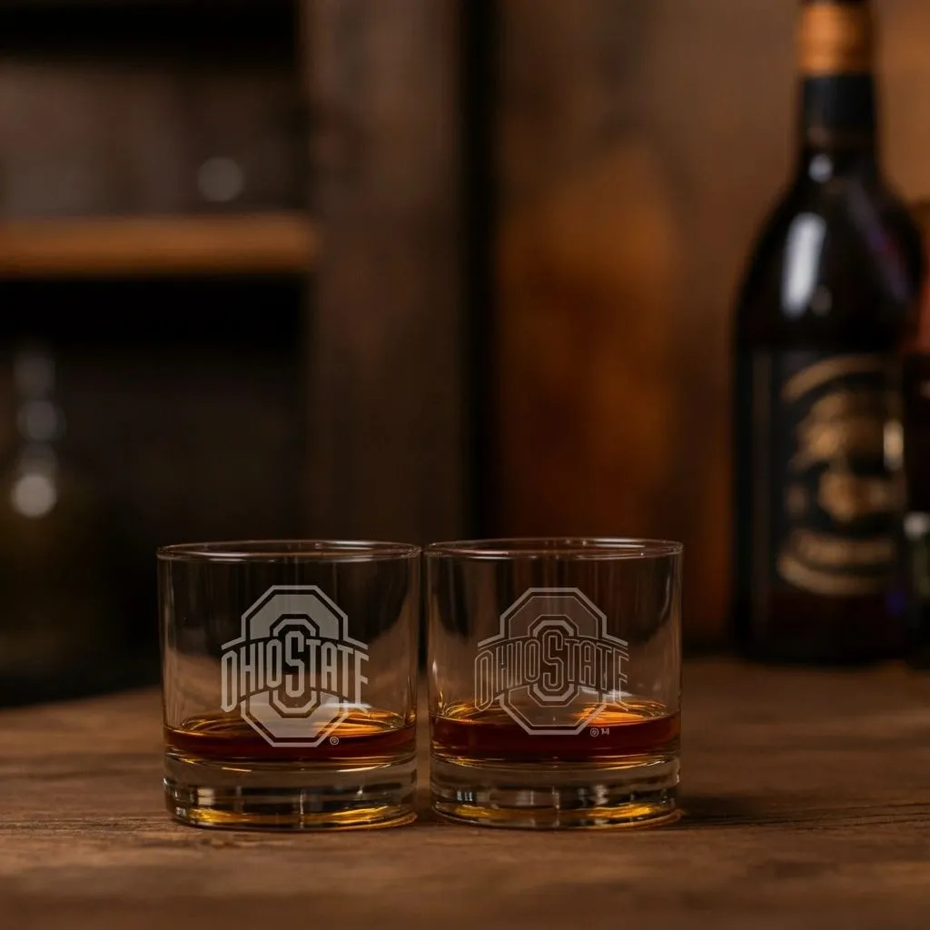 Two whiskey glasses etched with the Ohio State logo