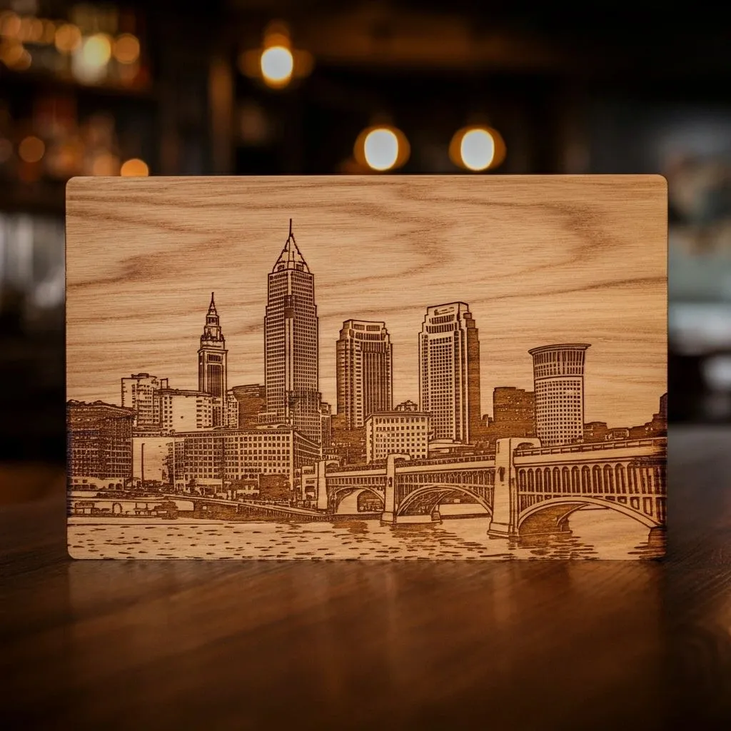 Wood plaque engraved with the Cleveland skyline and bridge