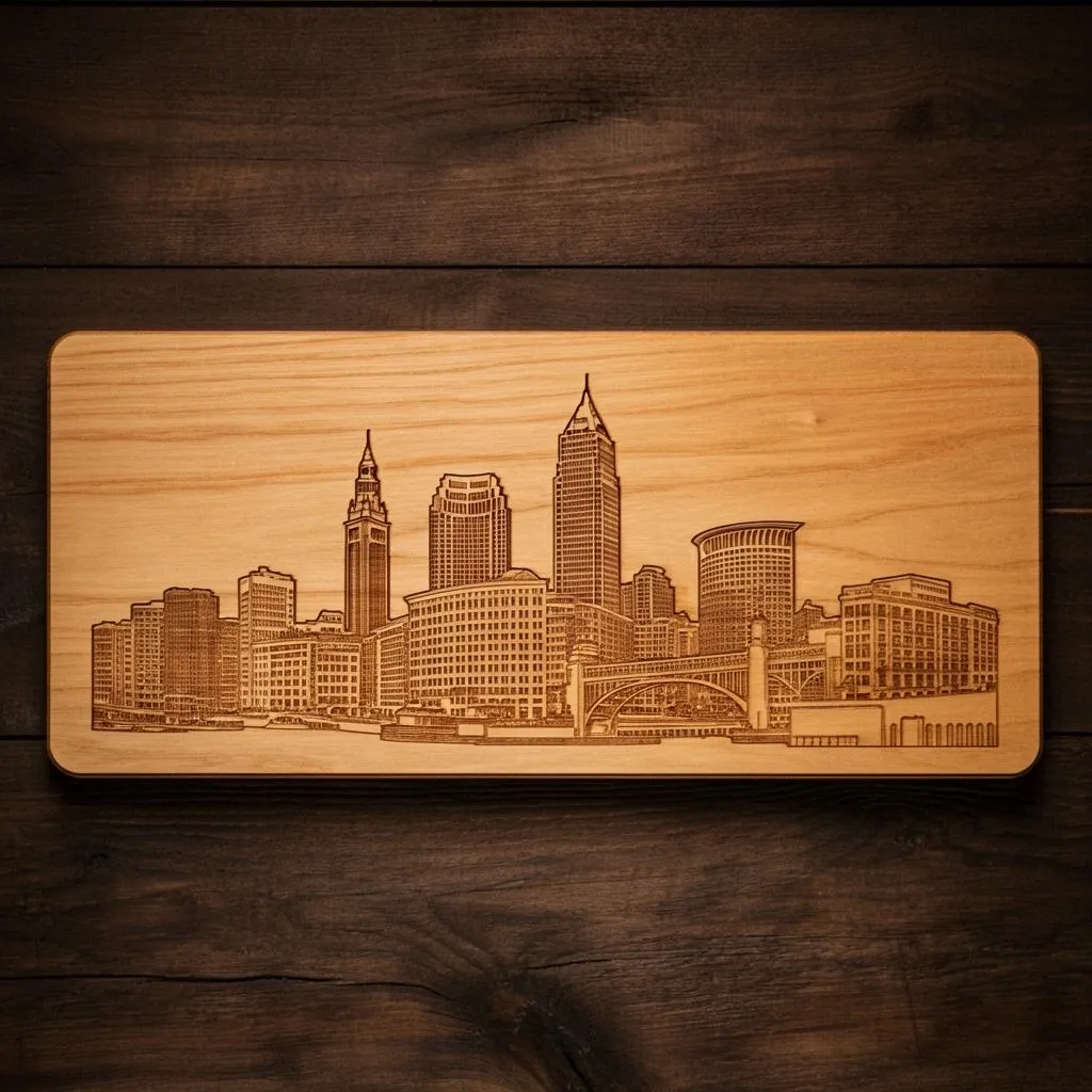 Long wood board engraved with the Cleveland skyline