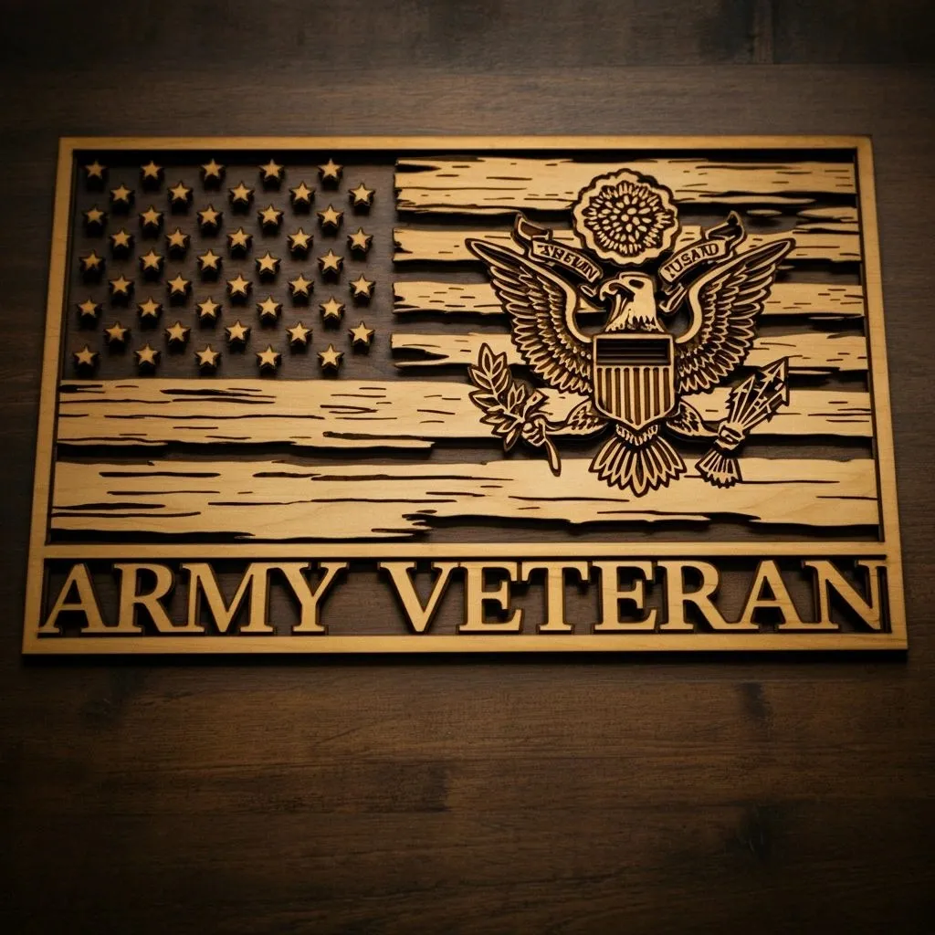 Wood Army Veteran plaque with flag and eagle