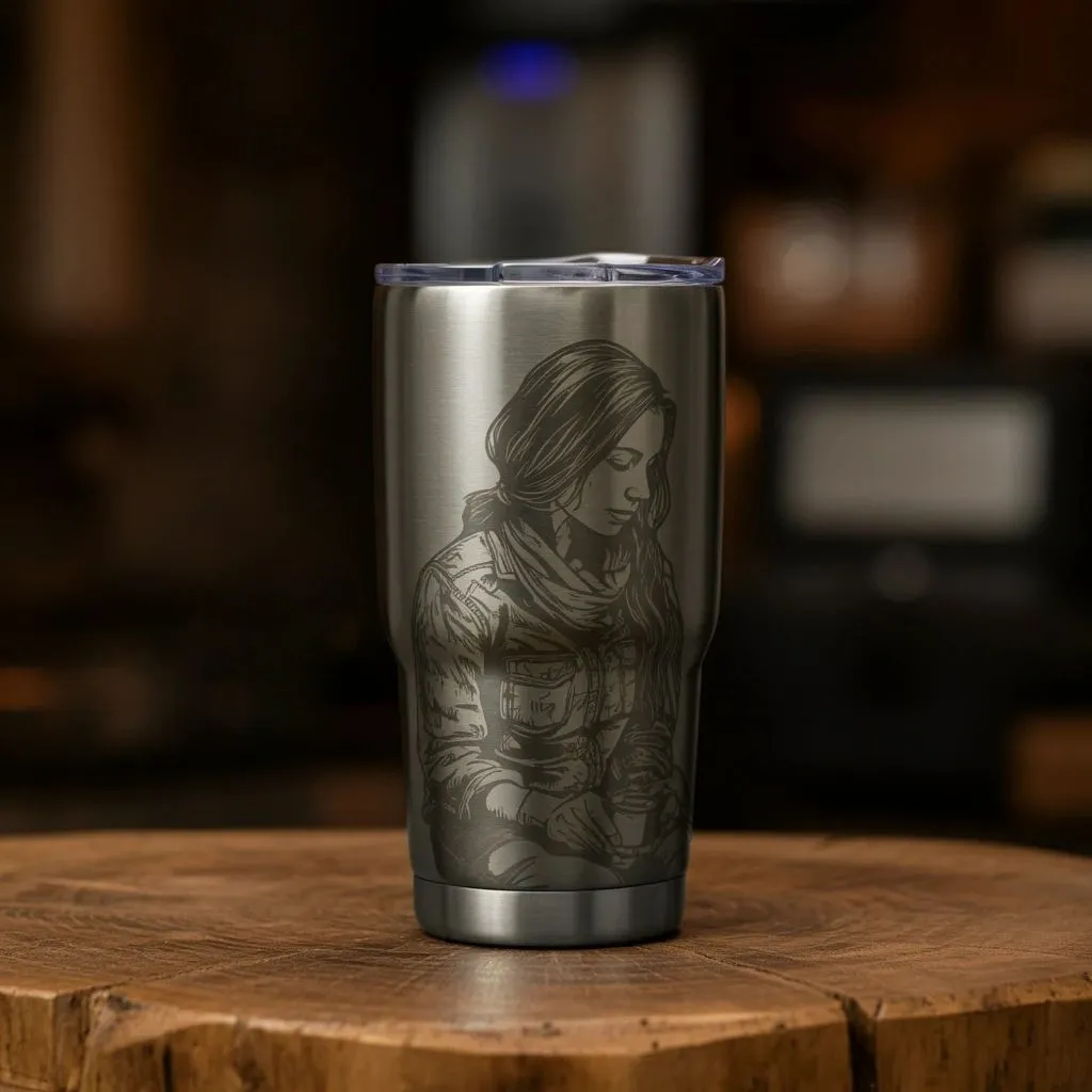 Stainless tumbler engraved with a woman's portrait